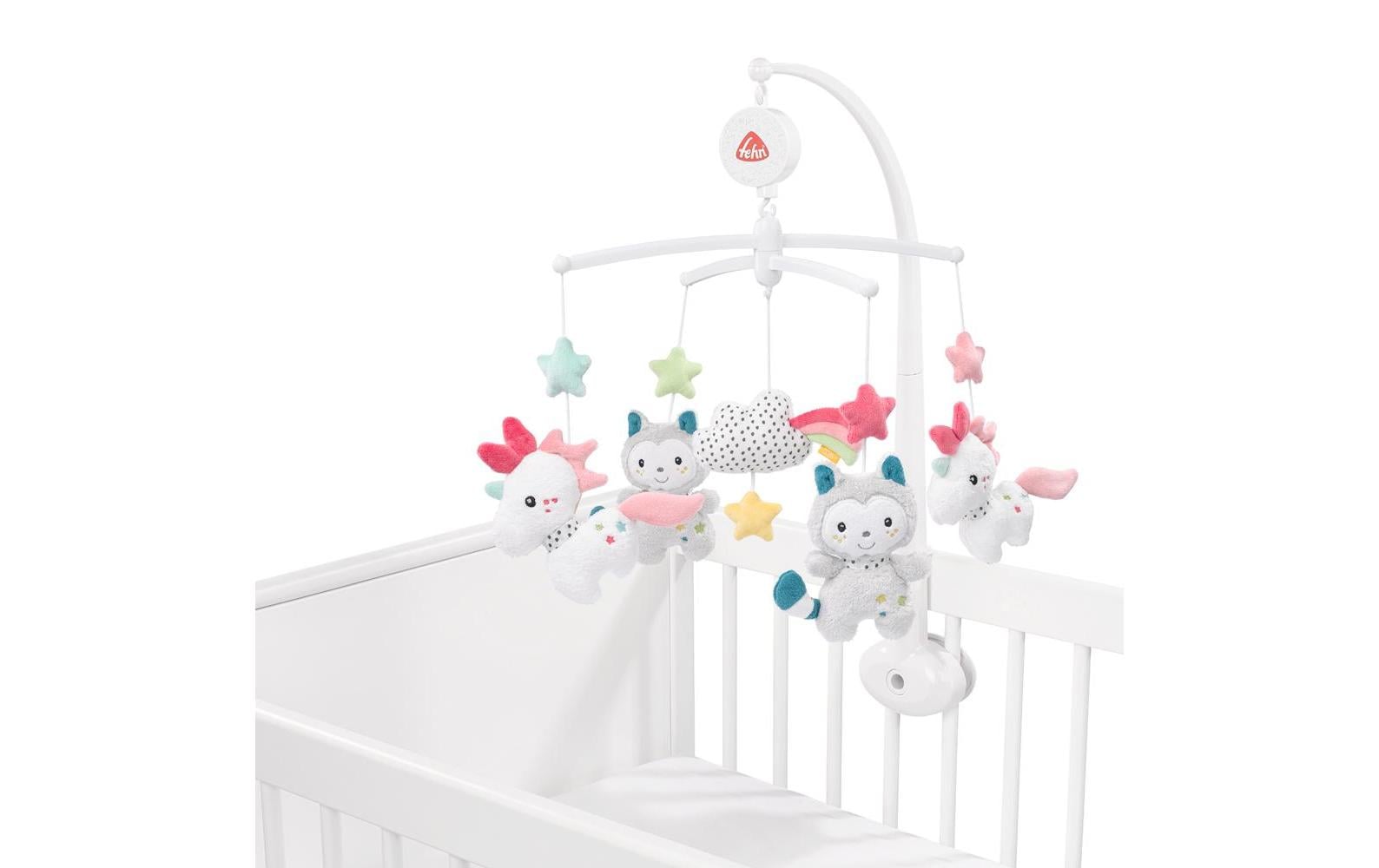 Fehn Musik-Mobile Einhorn & Katze – mit Musik, 11 Melodien – 40 × 40 cm – Plüsch – mehrfarbig