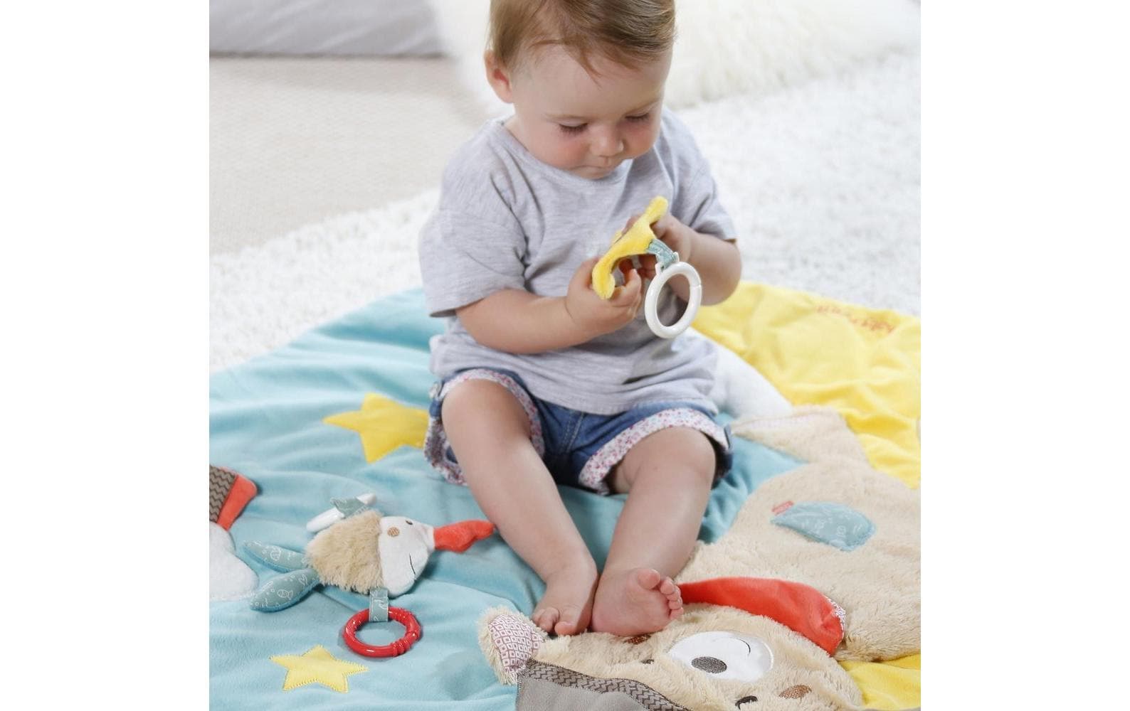 Fehn Krabbeldecke mit Spielbogen Bär Bruno – 85 × 85 cm – 5 Stofftiere, Spiegel – mehrfarbig