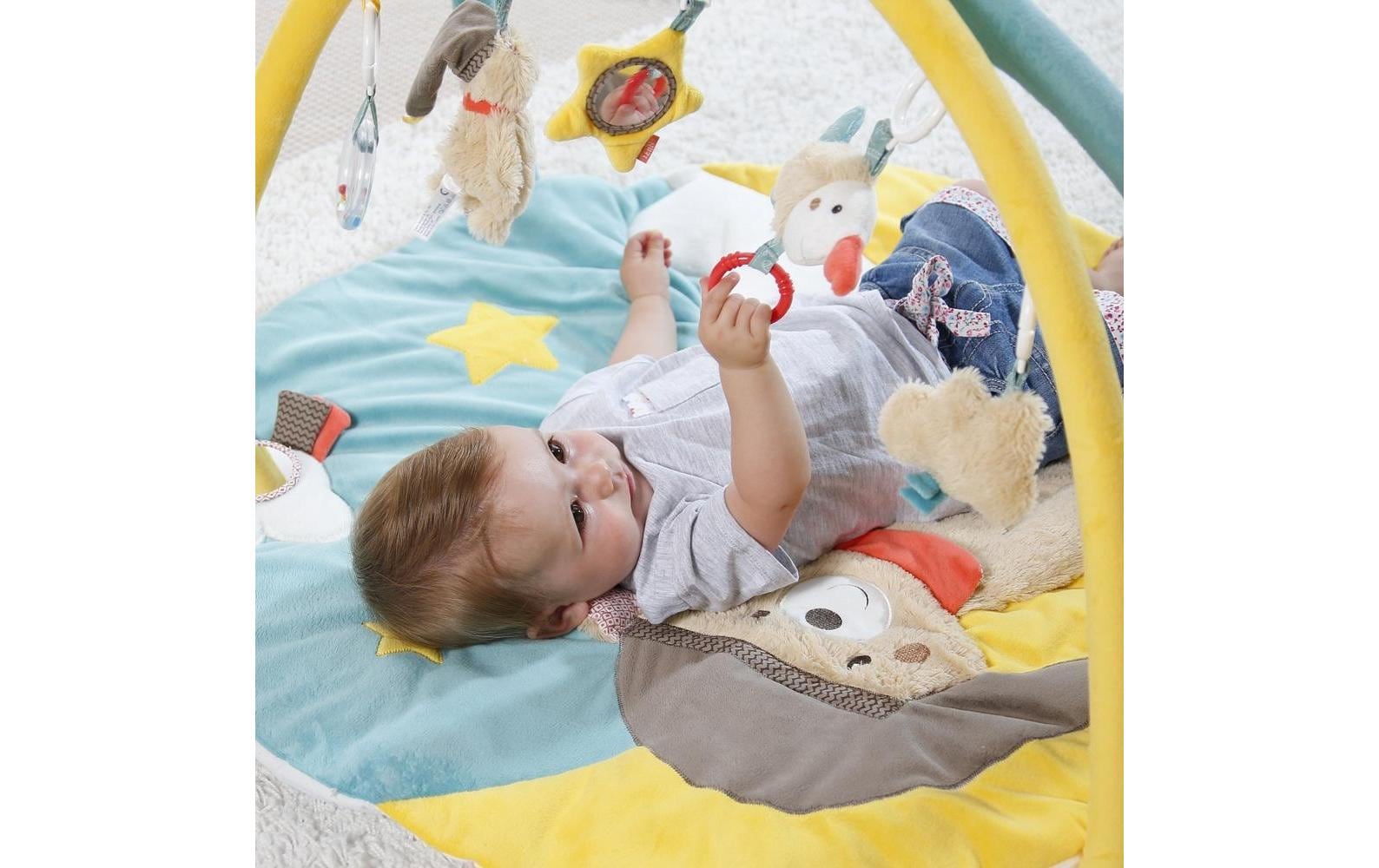 Fehn Krabbeldecke mit Spielbogen Bär Bruno – 85 × 85 cm – 5 Stofftiere, Spiegel – mehrfarbig
