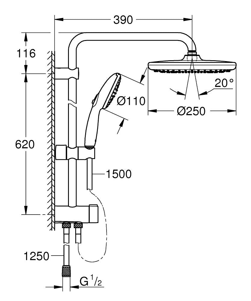 GROHE Duschsystem Vitalio Start – 25×150 cm, Kunststoff, Ohne Mischer, Schwarz