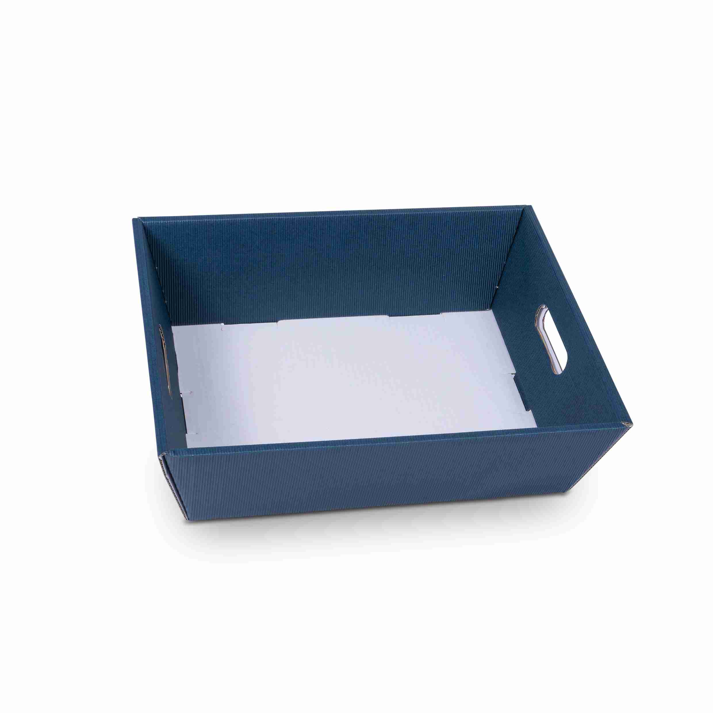 Model Geschenkkorb rechteckig dunkelblau – Innenmass 370 × 280 × 130 mm – mit Grifföffnung – 1 Palette (400 Stk.)