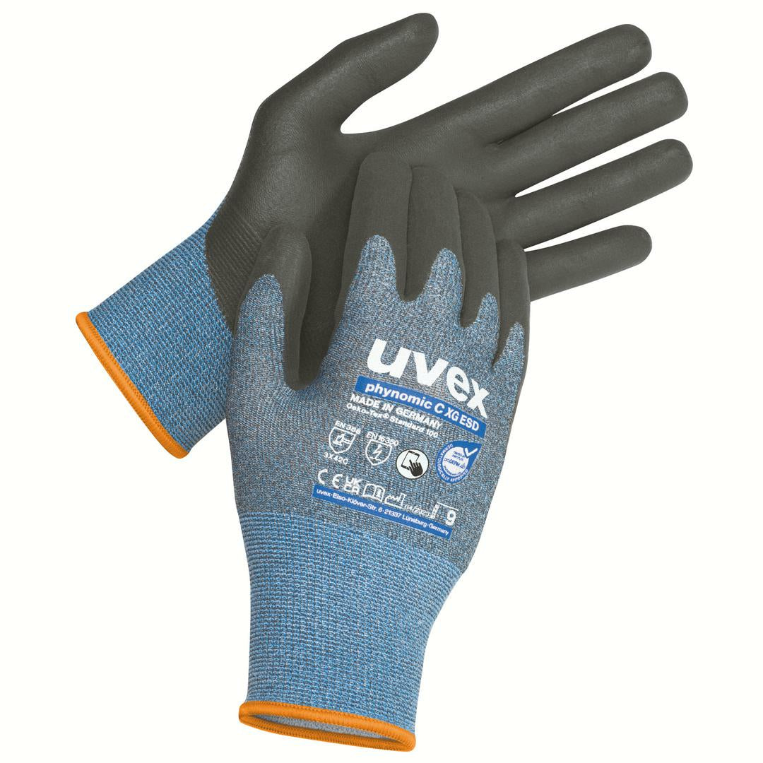 Uvex Schnittschutzhandschuhe phynomic C XG ESD – Grösse 12 – EN 388:4X42B, HPPE/Carbon, Schwarz/Blau