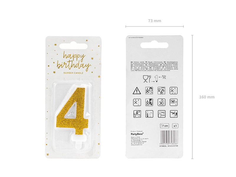 PartyDeco Geburtstagskerzen Zahl 4 – Gold – 7 cm – 1 Stk