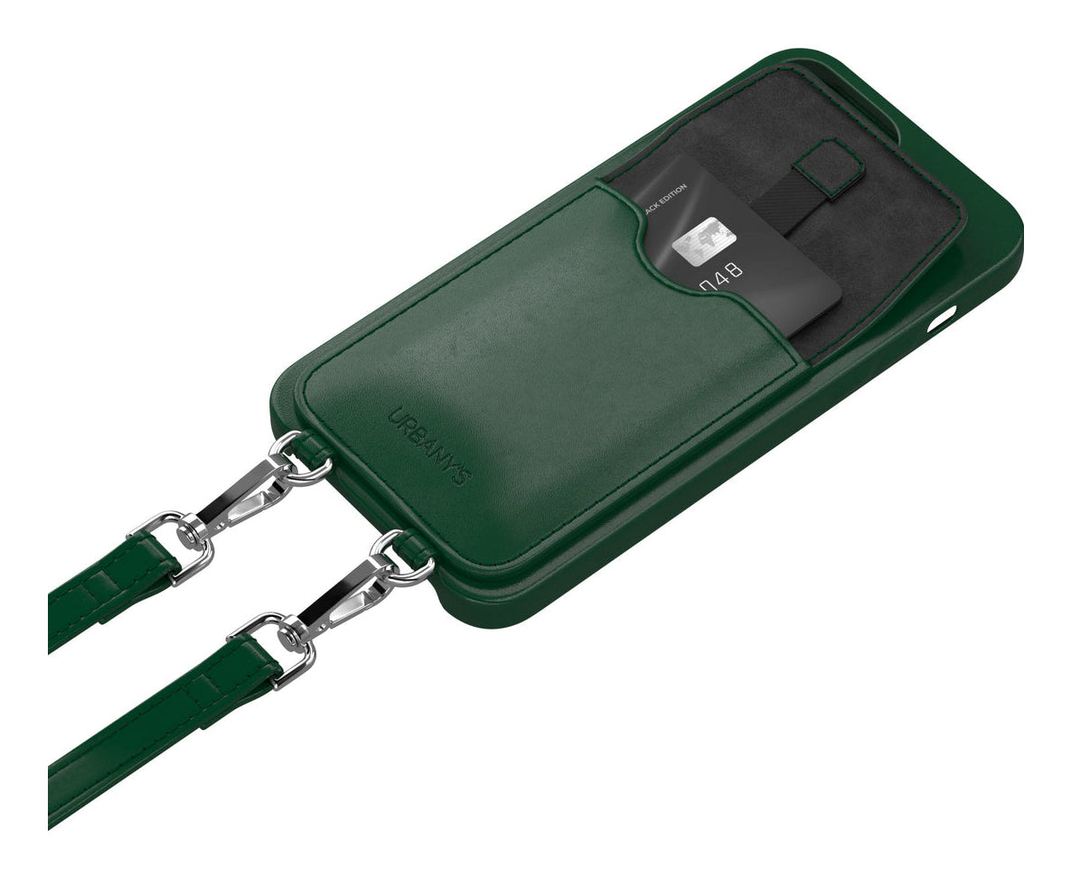 Urbany's Necklace-Hülle – für Apple iPhone 16 – Racing Green – Kunstleder – mit Kartenfach, mit Kordel