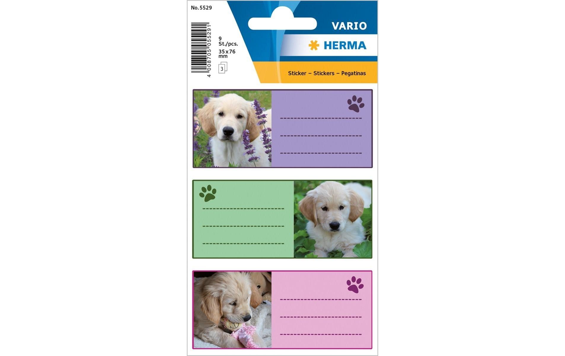 HERMA Vario Schuletiketten – Motiv Hunde – 35 × 76 mm, 9 Stk, 3 Bogen, Papier, permanent haftend