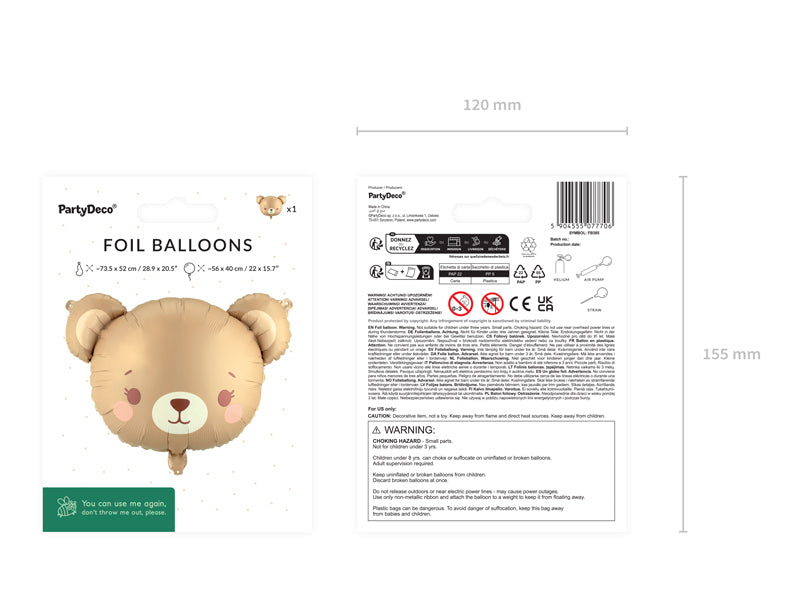 PartyDeco Folienballon Bär – Braun – 56 × 40 cm – Folie – 1 Stk