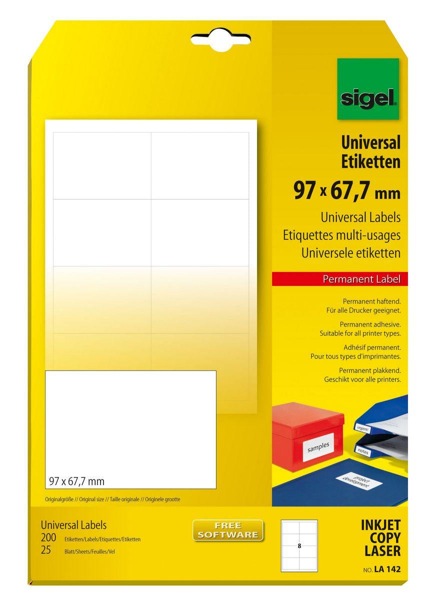 Sigel LA142 – Etiketten A4 97 × 68 mm – Papier, weiss – permanent haftend – 8 pro Blatt, 25 Blätter (200 Stk.)