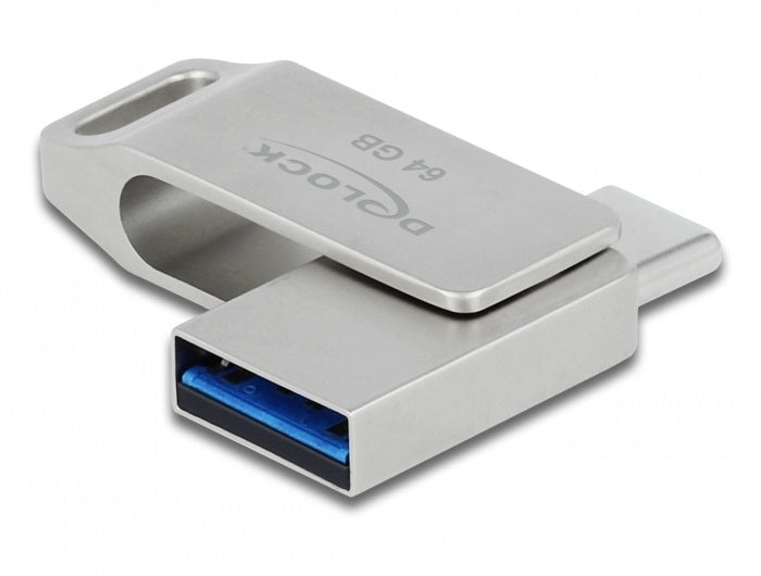 DeLOCK USB3.2 USB-C/Type-A 64 GB – USB 3.2 Gen 1 (5 Gbit/s), 100 MB/s lesen, 46 MB/s schreiben, Metallgehäuse