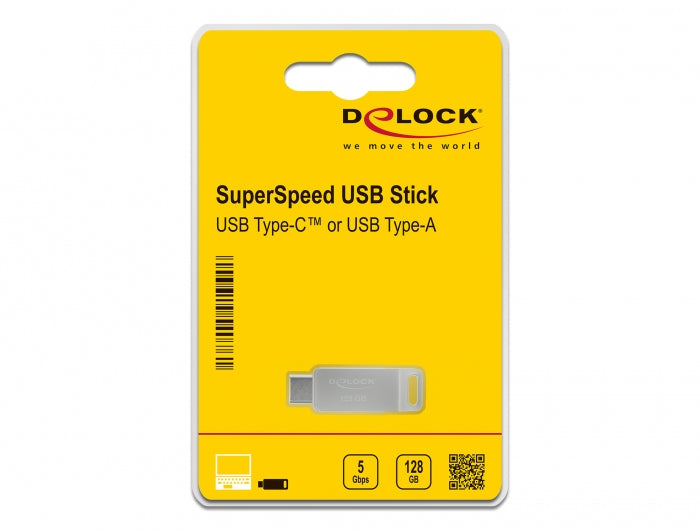 DeLOCK USB-Stick 128 GB – USB-A/USB-C USB 3.2 Gen 1, 71/54 MB/s, Drehring, Silber