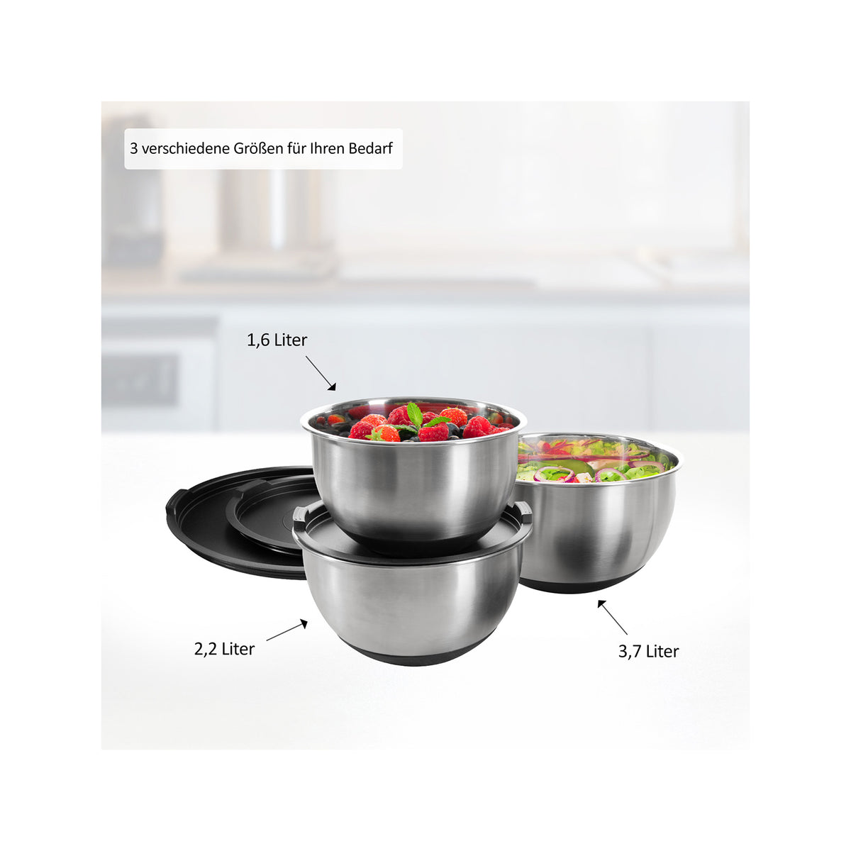 Genius Schüsseln – 3er Set, 1,6 l/2,2 l/3,7 l, Ø 16/18/22 cm, Edelstahl, Schwarz, mit Deckel