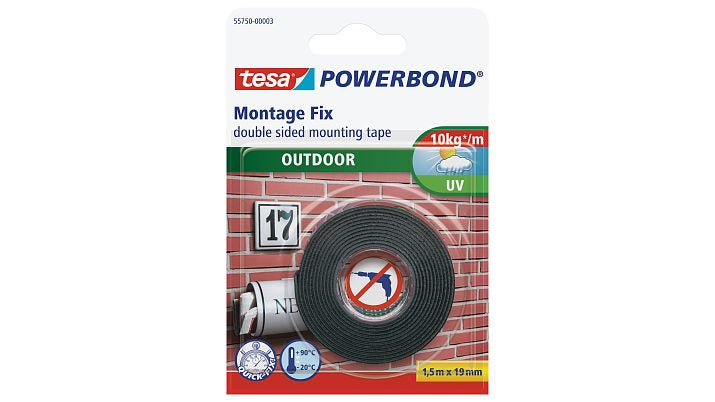 TESA Powerbond Montageband Aussen – 19 mm × 1,5 m, schwarz, bis 10 kg/10 cm, UV-beständig, wasserfest