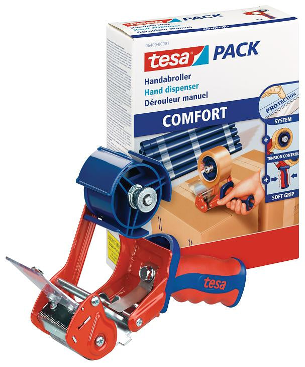 TESA Handabroller COMFORT 6400 – für Verpackungsklebeband bis 50 mm, Metall, blau/rot, mit Bremse