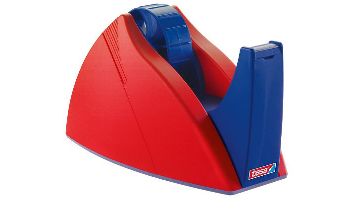 tesa EasyCut Tischabroller – für Rollenbreite bis 25 mm, für Bandlänge bis 66 m, rutschfest, rot/blau