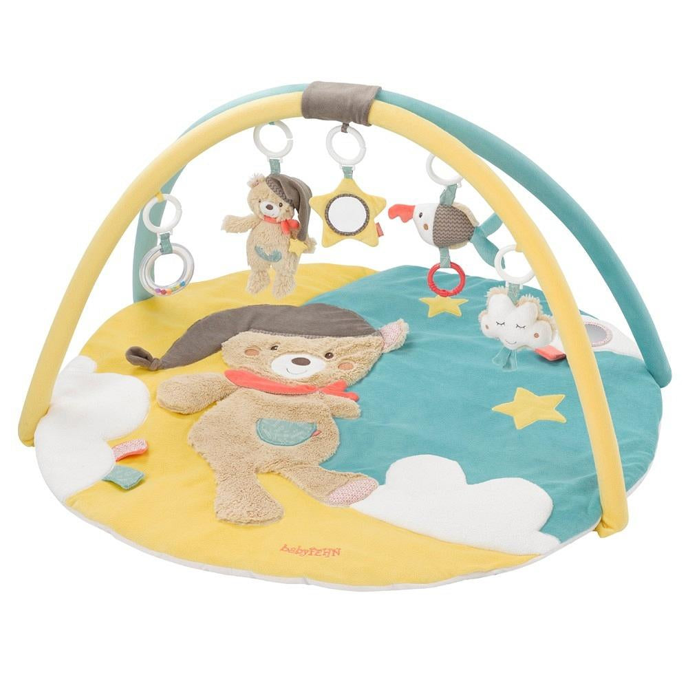 Fehn Krabbeldecke mit Spielbogen Bär Bruno – 85 × 85 cm – 5 Stofftiere, Spiegel – mehrfarbig