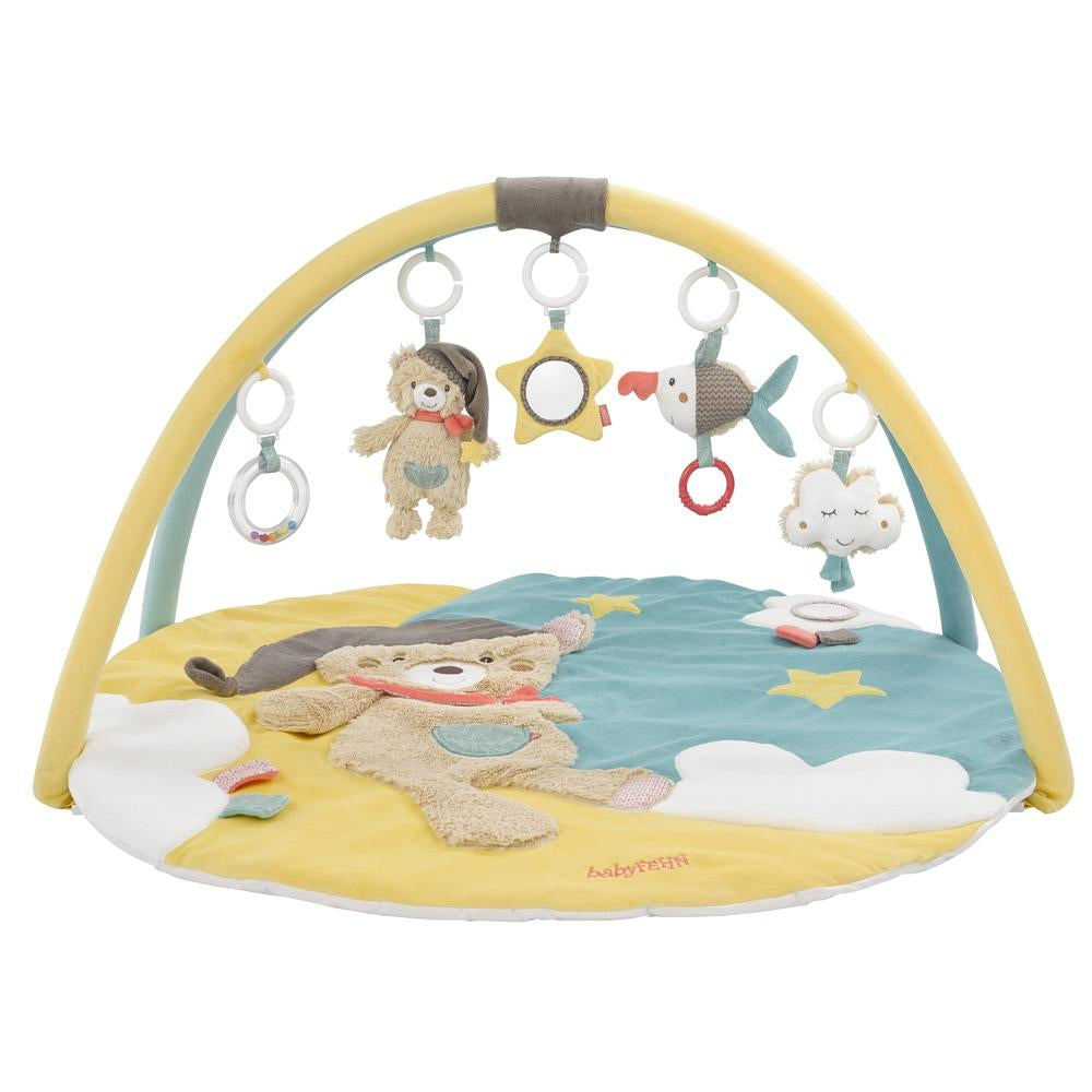 Fehn Krabbeldecke mit Spielbogen Bär Bruno – 85 × 85 cm – 5 Stofftiere, Spiegel – mehrfarbig