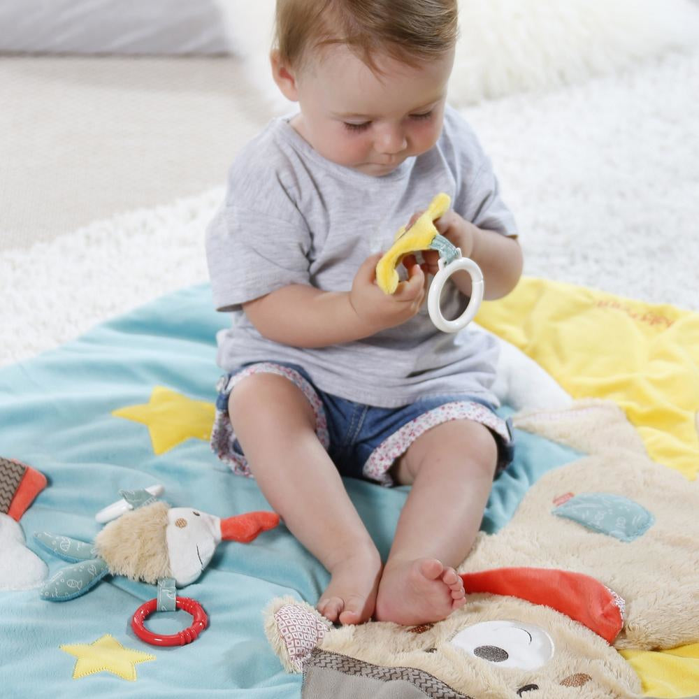 Fehn Krabbeldecke mit Spielbogen Bär Bruno – 85 × 85 cm – 5 Stofftiere, Spiegel – mehrfarbig