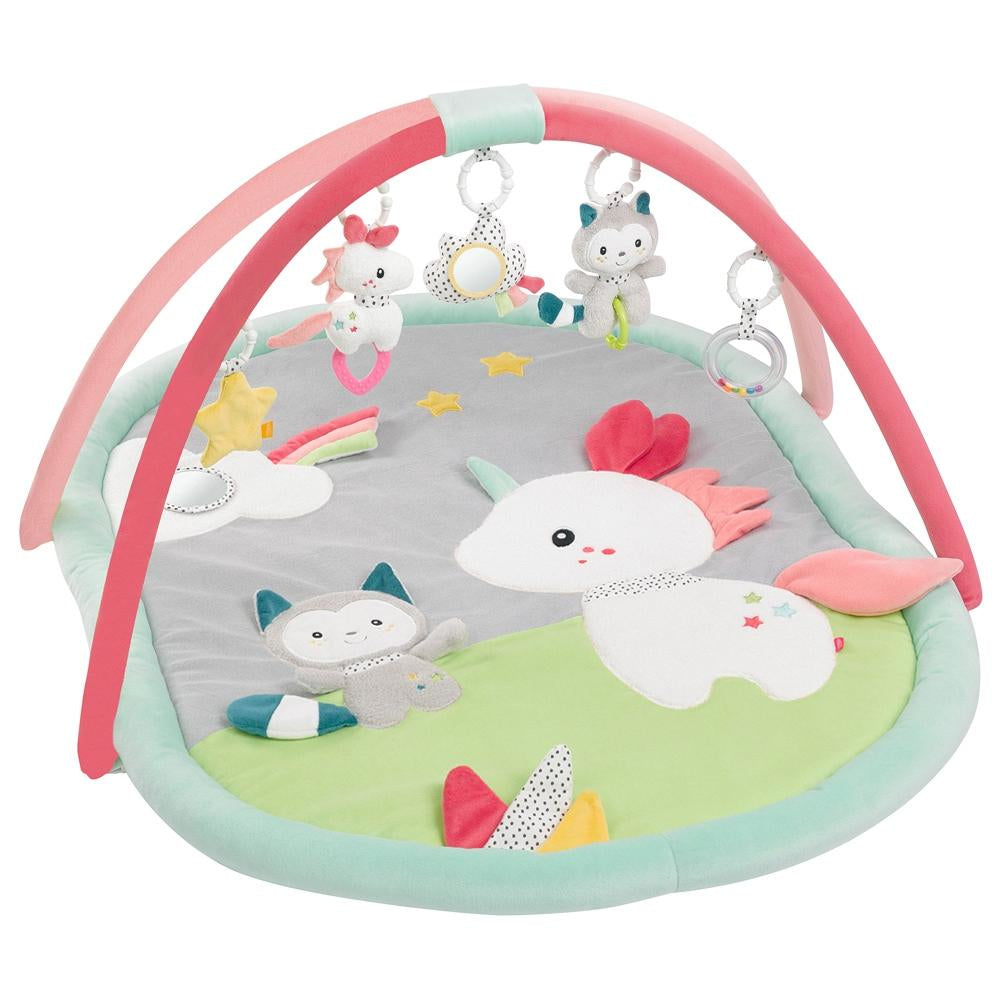 Fehn Krabbeldecke mit Spielbogen Einhorn & Katze – 105 × 85 cm – ab 0 Jahren – Plüsch – Mehrfarbig