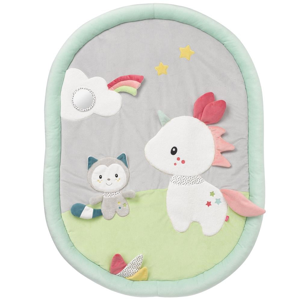 Fehn Krabbeldecke mit Spielbogen Einhorn & Katze – 105 × 85 cm – ab 0 Jahren – Plüsch – Mehrfarbig