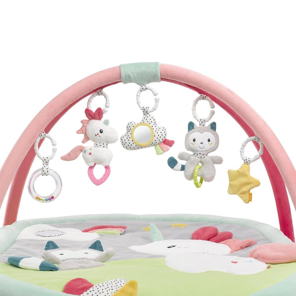 Fehn Krabbeldecke mit Spielbogen Einhorn & Katze – 105 × 85 cm – ab 0 Jahren – Plüsch – Mehrfarbig
