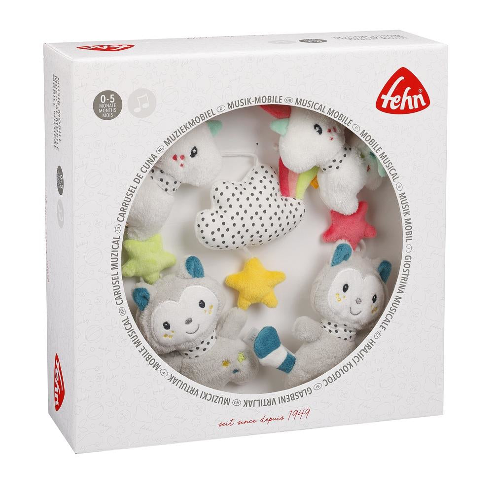 Fehn Musik-Mobile Einhorn & Katze – mit Musik, 11 Melodien – 40 × 40 cm – Plüsch – mehrfarbig