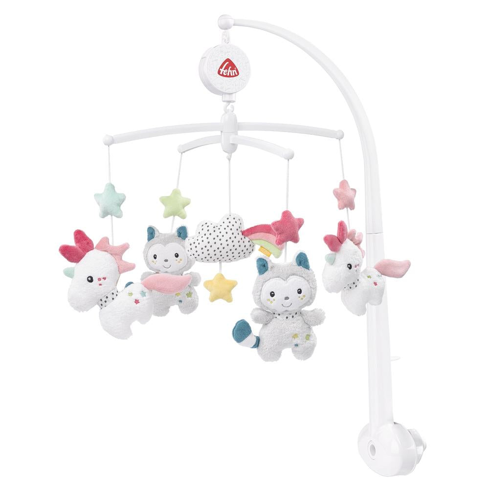 Fehn Musik-Mobile Einhorn & Katze – mit Musik, 11 Melodien – 40 × 40 cm – Plüsch – mehrfarbig