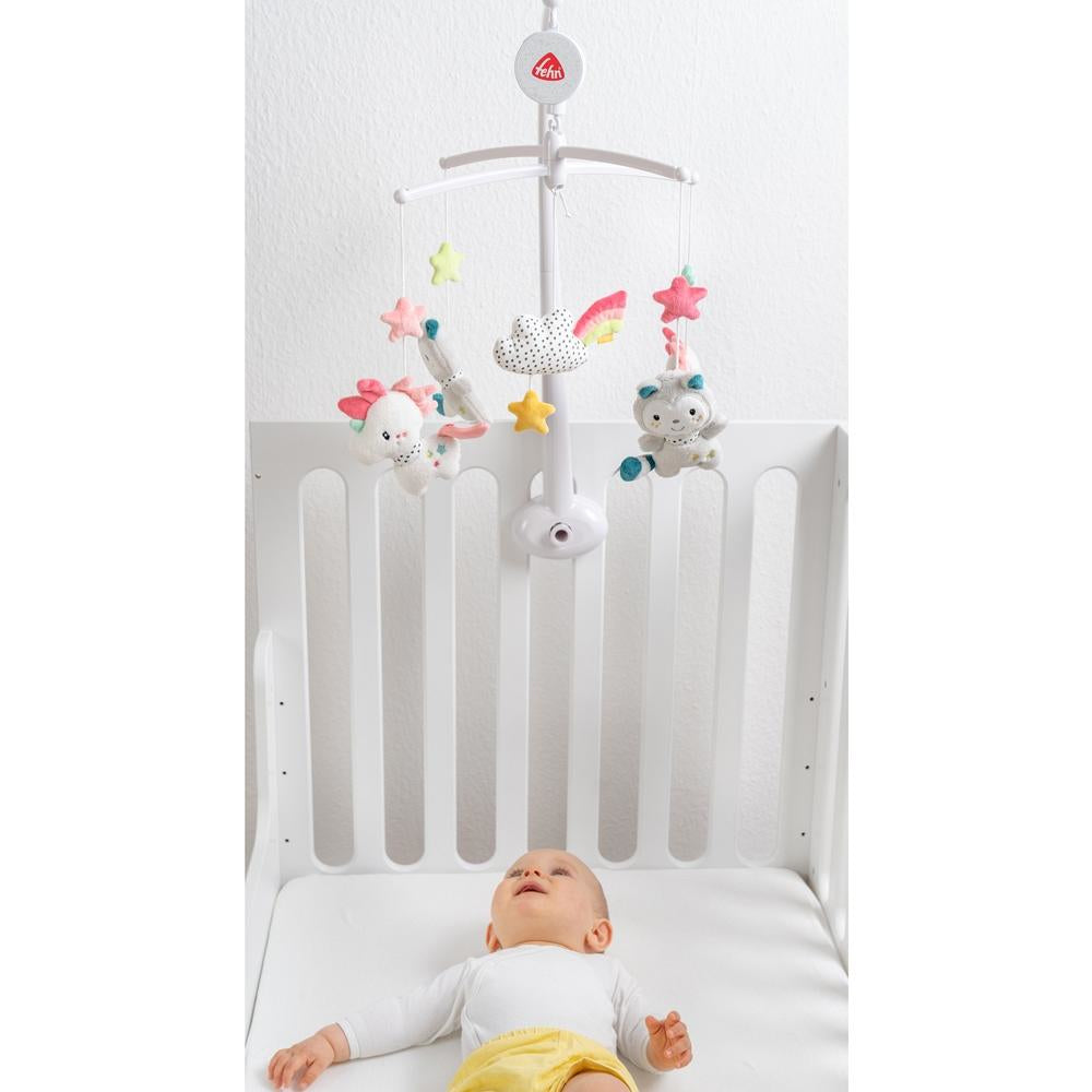 Fehn Musik-Mobile Einhorn & Katze – mit Musik, 11 Melodien – 40 × 40 cm – Plüsch – mehrfarbig