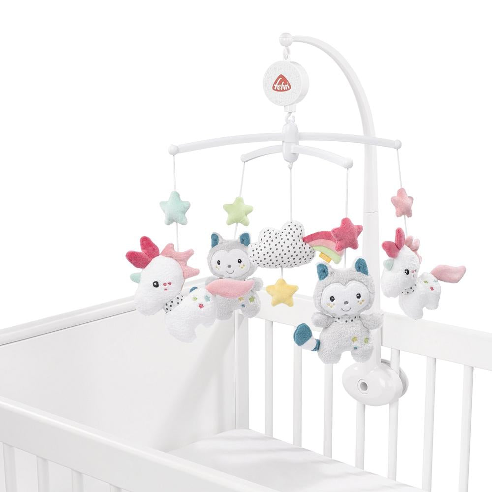 Fehn Musik-Mobile Einhorn & Katze – mit Musik, 11 Melodien – 40 × 40 cm – Plüsch – mehrfarbig