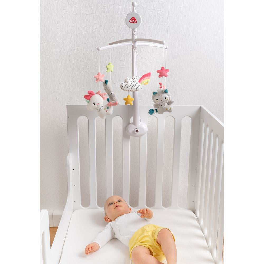 Fehn Musik-Mobile Einhorn & Katze – mit Musik, 11 Melodien – 40 × 40 cm – Plüsch – mehrfarbig