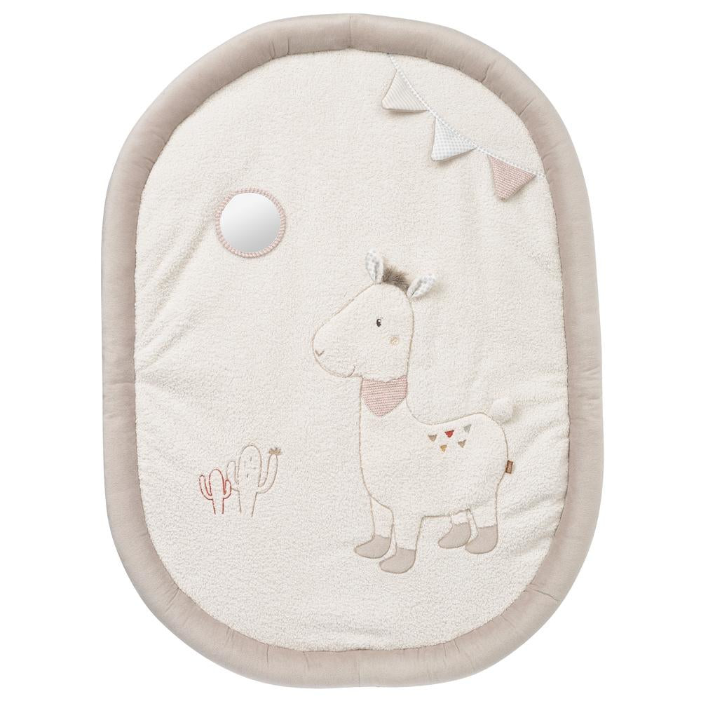 Fehn Krabbeldecke mit Spielbogen – 2 Spielbögen, 5 Stofftiere, mit Ton – 105 × 80 cm – ab 0 J. – grau/weiss