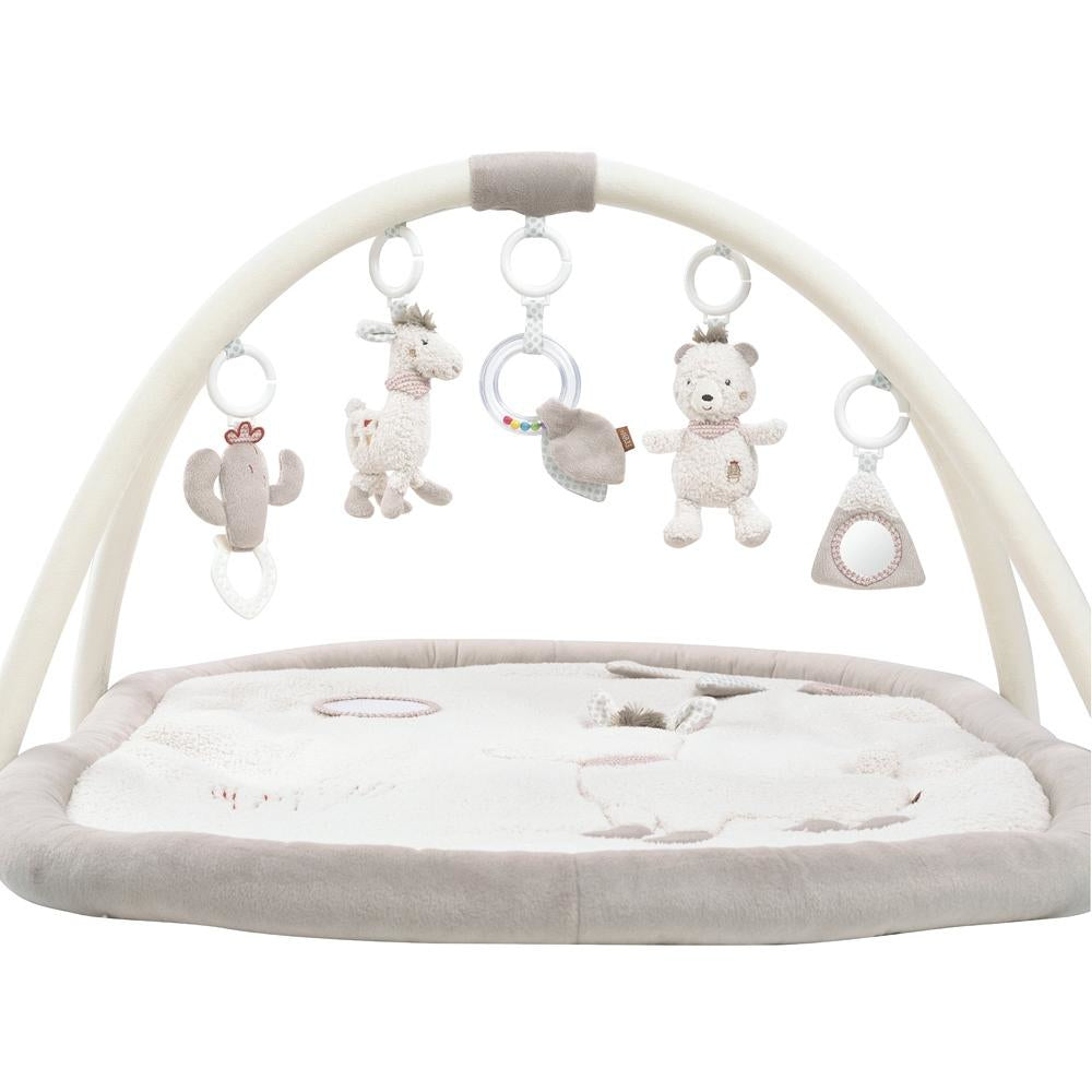 Fehn Krabbeldecke mit Spielbogen – 2 Spielbögen, 5 Stofftiere, mit Ton – 105 × 80 cm – ab 0 J. – grau/weiss
