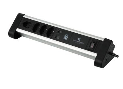 M. Schönenberger Schönenberger Alu-Office-Line Tischsteckdosenleiste, 4×T13, 2×USB, 2 m, Überlastschutz, mit Schalter – Silber