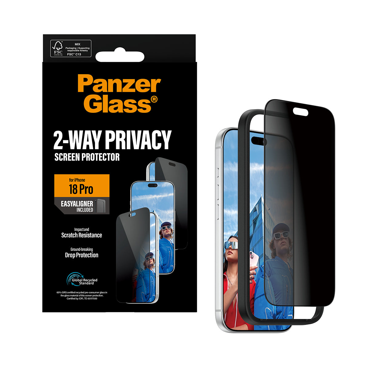PanzerGlass Privacy-Filter (Folie), Ultra-Wide Fit – für iPhone 18 Pro – mit Applikator