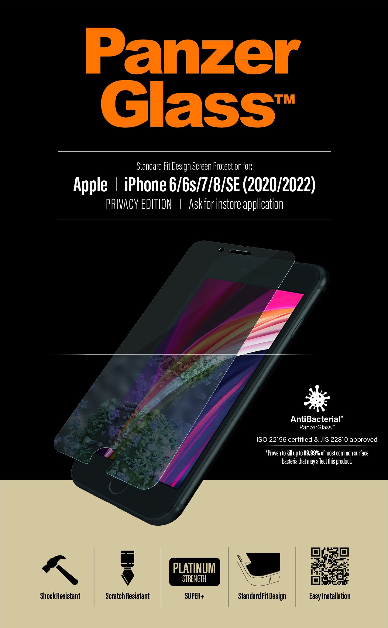 PanzerGlass Privacy-Filter (Panzerglas), Antibakteriell – für iPhone 6/6s/7 und andere