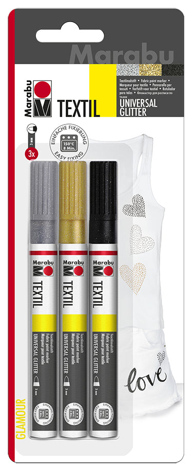 Marabu Textilmarker – Rundspitze, 3 mm, Schwarz, Gold, Silber, 3er-Set