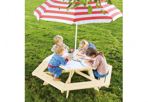 Pinolino Kinderträume Bistro-Set mit 6 Stühlen – hellbraun – Holz – Tisch 162 × 162 × 50 cm – für den Innenbereich