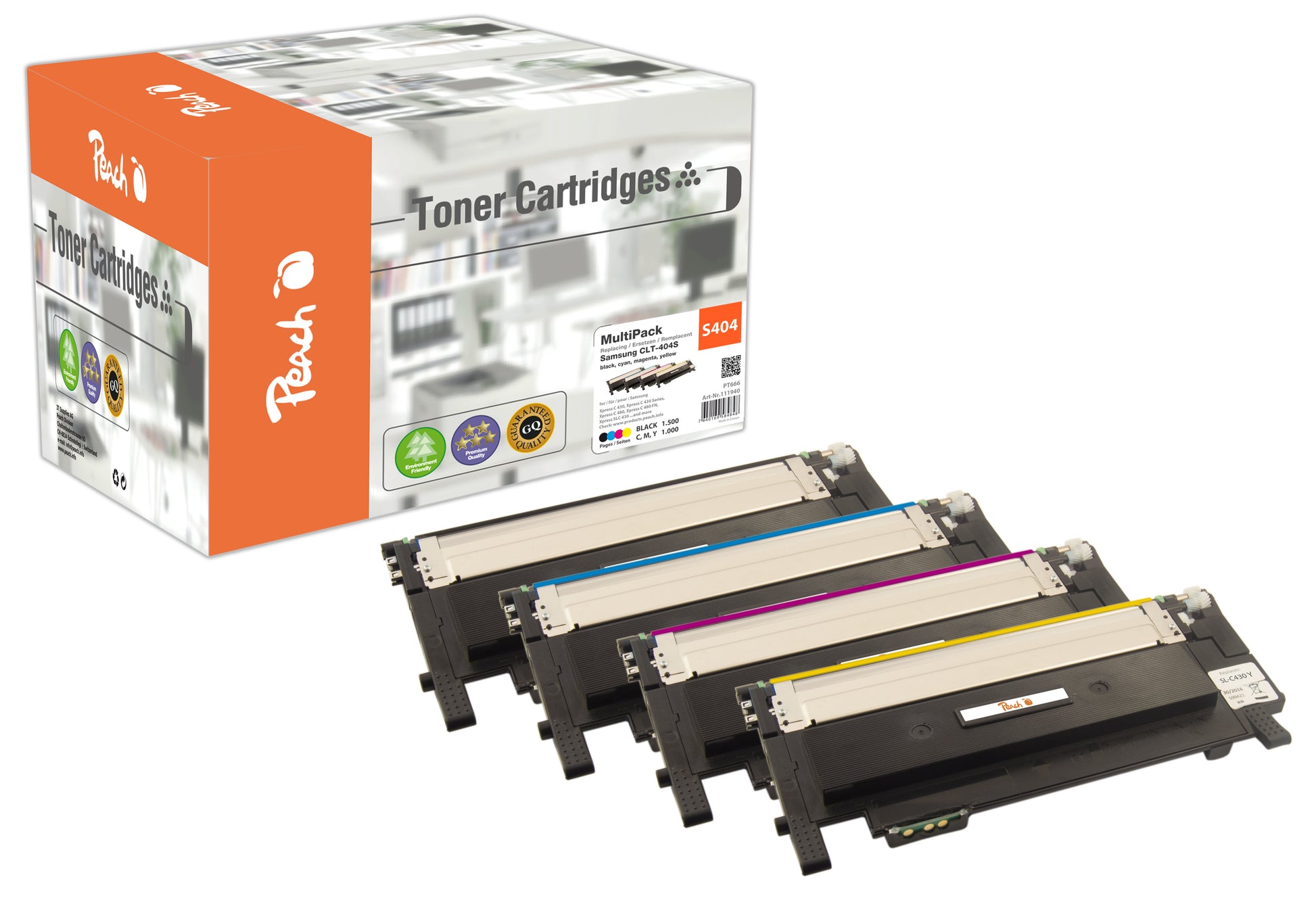 Peach Toner-Multipack CLT-404S – BK/C/M/Y, schwarz 1500, C/M/Y 1000 Seiten – für Samsung Xpress C 430 und andere