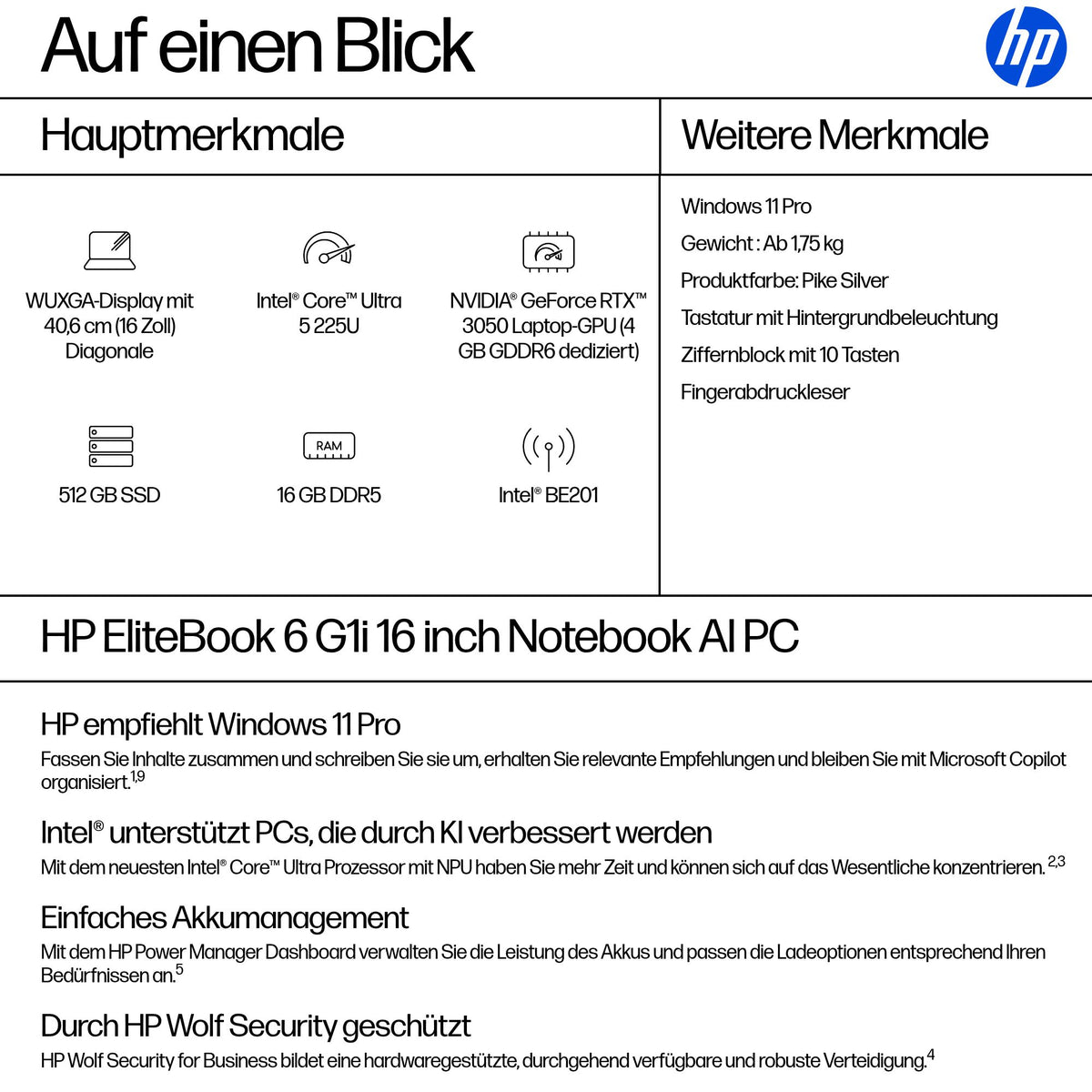 HP Elitebook 6 G1I Ai – 16" WUXGA, Core Ultra 5 225U, 16 GB, 512 GB SSD, Win 11 Pro