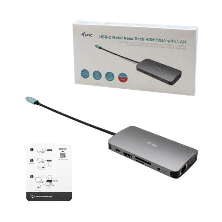 i-tec Metal Nano Dockingstation – USB-C, 1× HDMI, 1× VGA, 3× USB-A, 100 W PD, GbE