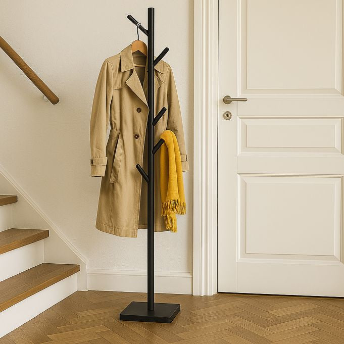 Relaxdays Garderobenständer – 8 Haken, Gummibaumholz/MDF, Schwarz, 175 × 30 × 30 cm