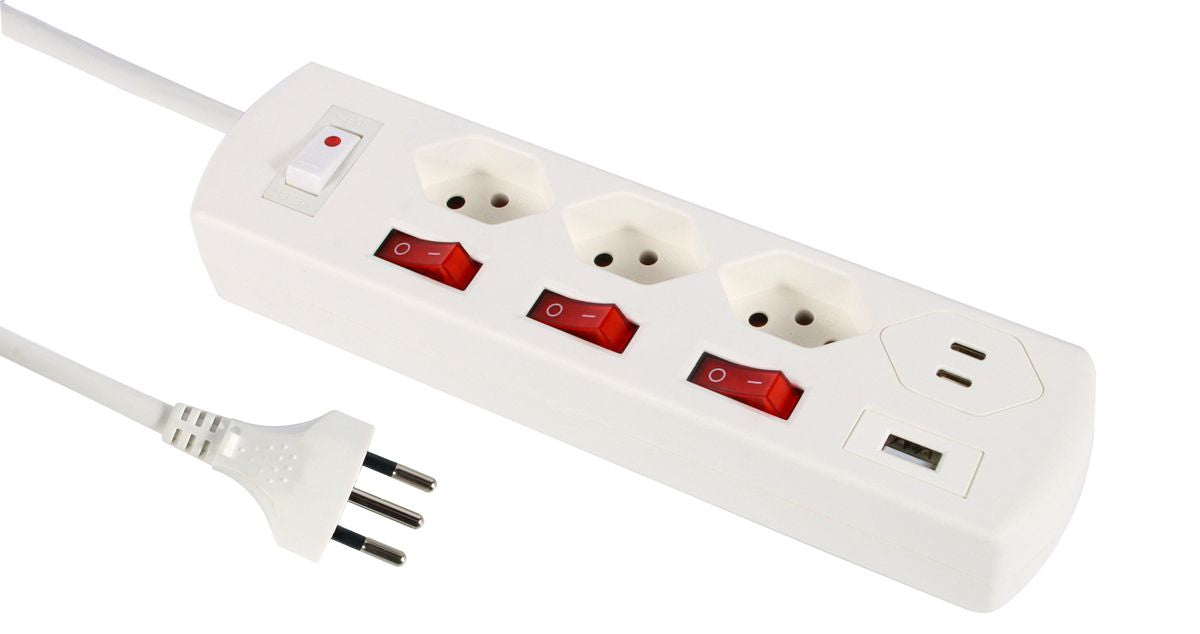 M. Schönenberger Schönenberger Fix-Line Steckdosenleiste T13×3 – USB‑C×2, USB‑A×1 – 2 m Kabel