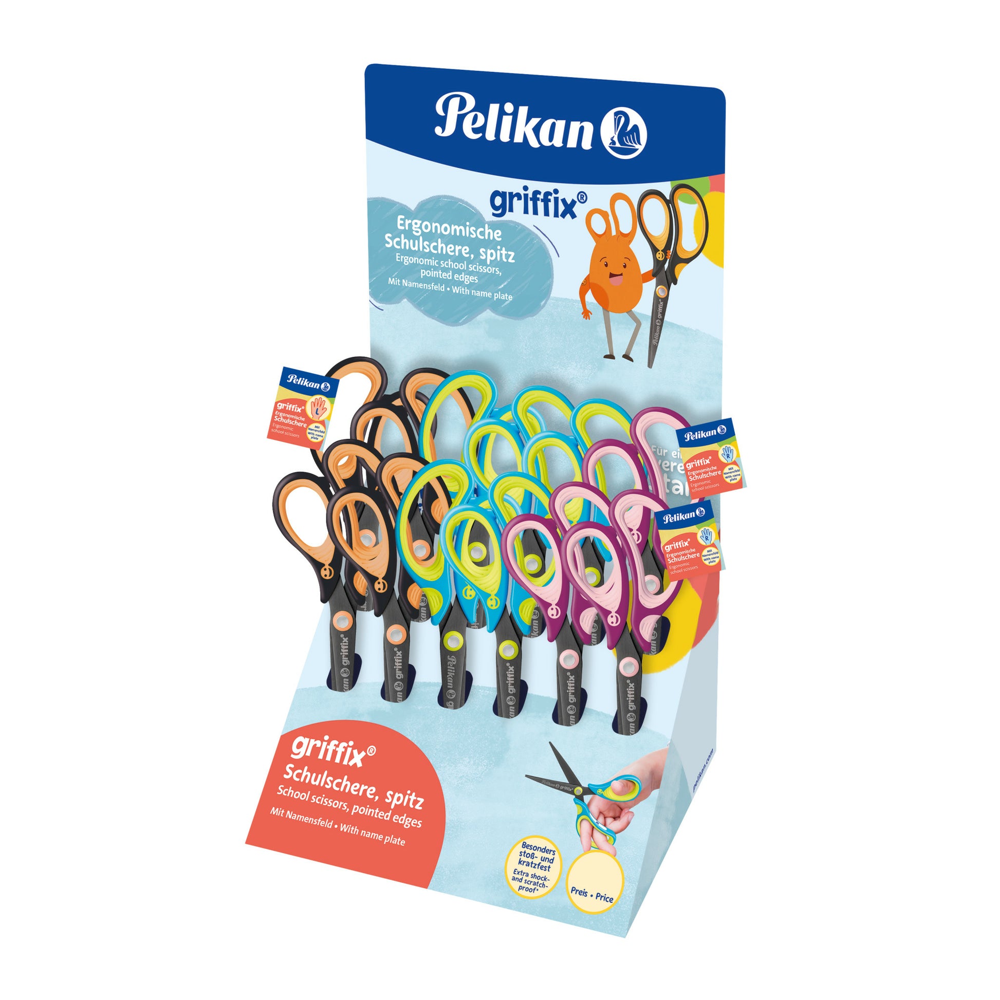 Pelikan griffix Scheren-Set spitz – Stahl, titanbeschichtet, Softgriff, Namensschild, farbig sortiert, 12 Stk.
