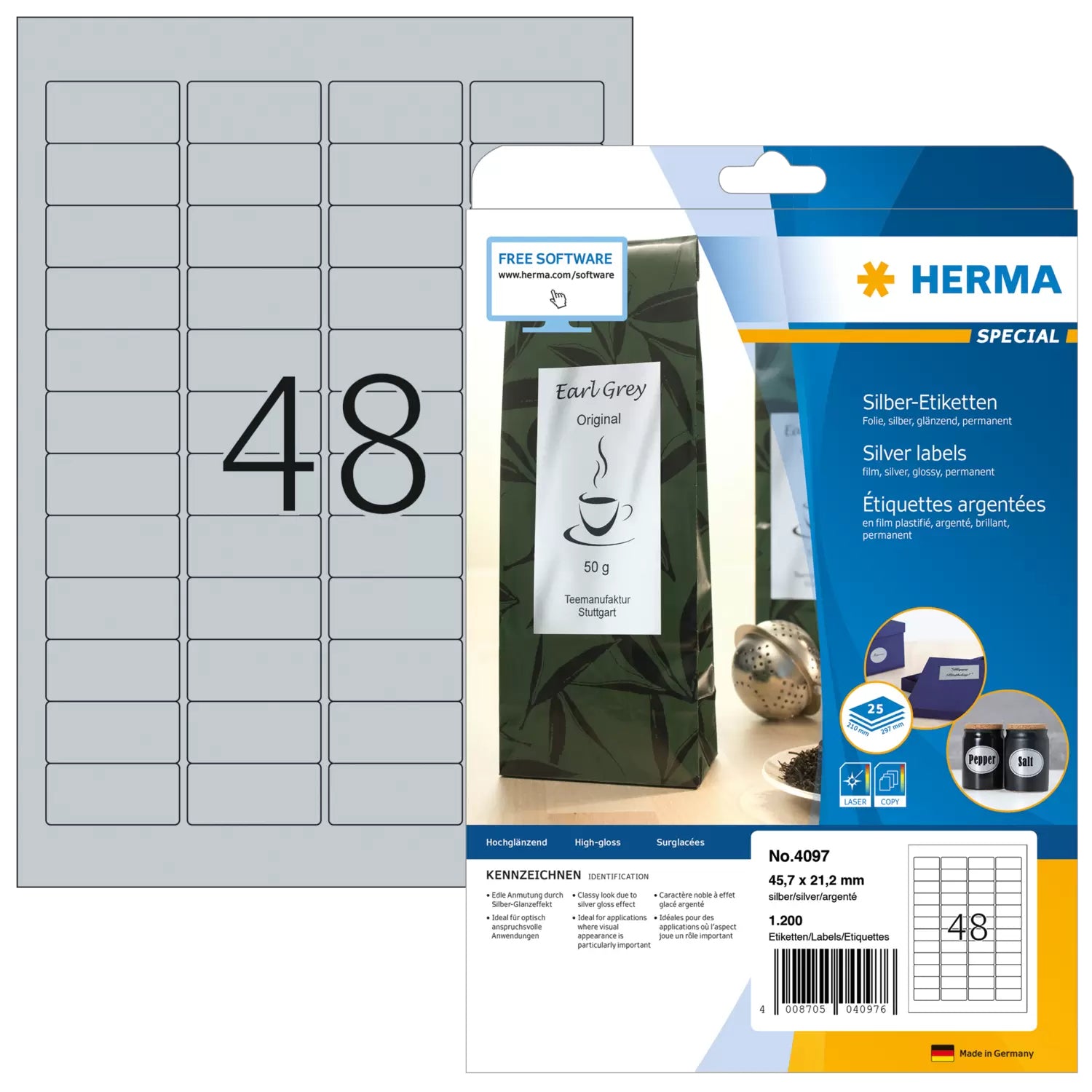 HERMA Druckeretiketten, 46 mm × 21 mm, silber, Folie, permanent, 25 Blatt (1200 Etiketten)