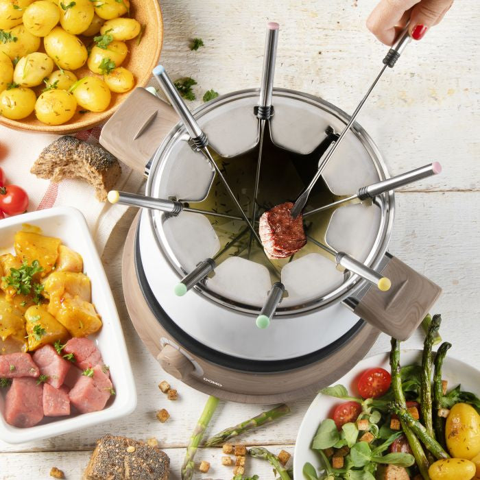 Domo Fondue-Set DO736F – Edelstahl, 2 l, 8 Gabeln, elektrisch – weiss/Holz