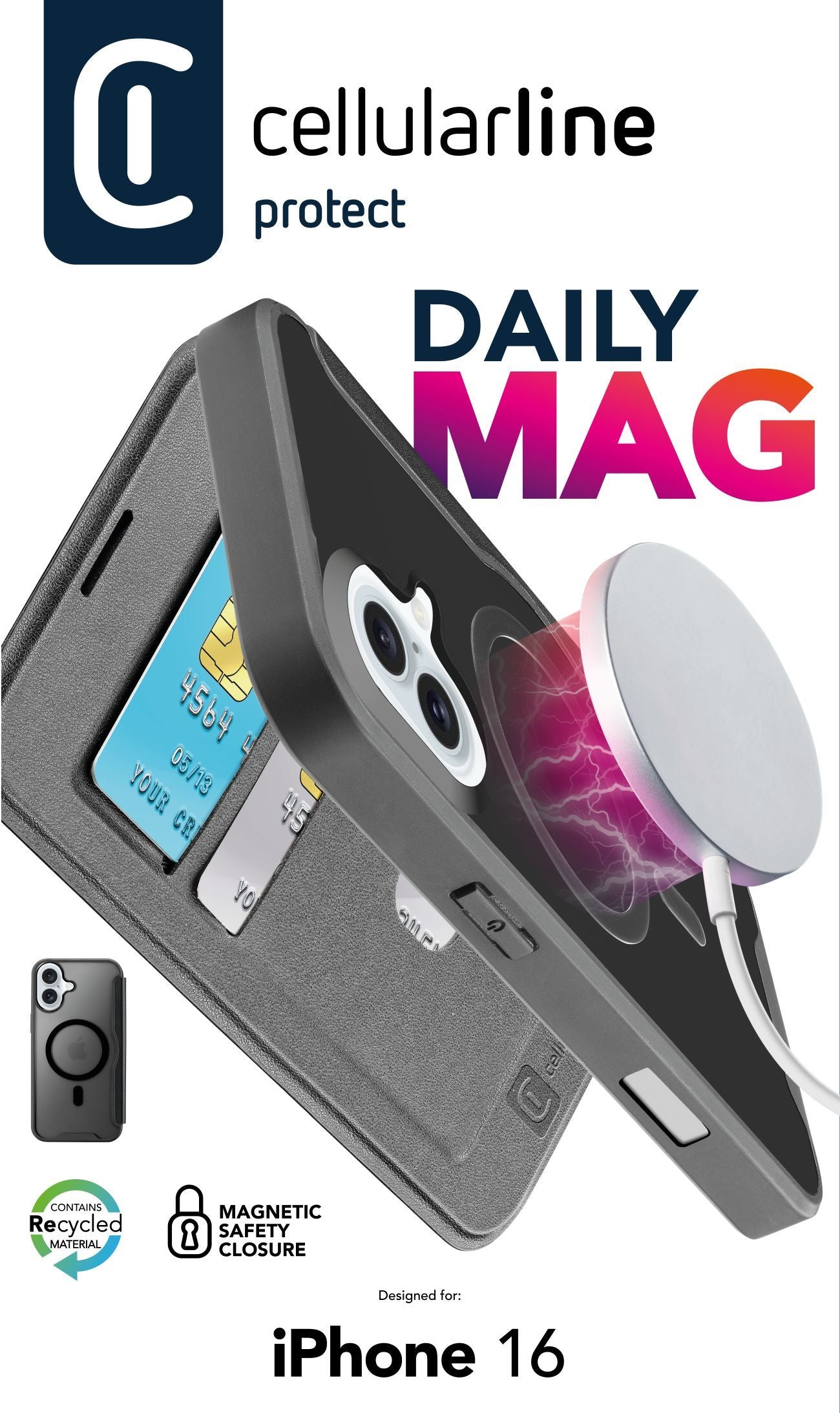 Cellularline Daily Mag Wallethülle – für Apple iPhone 16, MagSafe, 2 Kartenfächer, PU, Schwarz