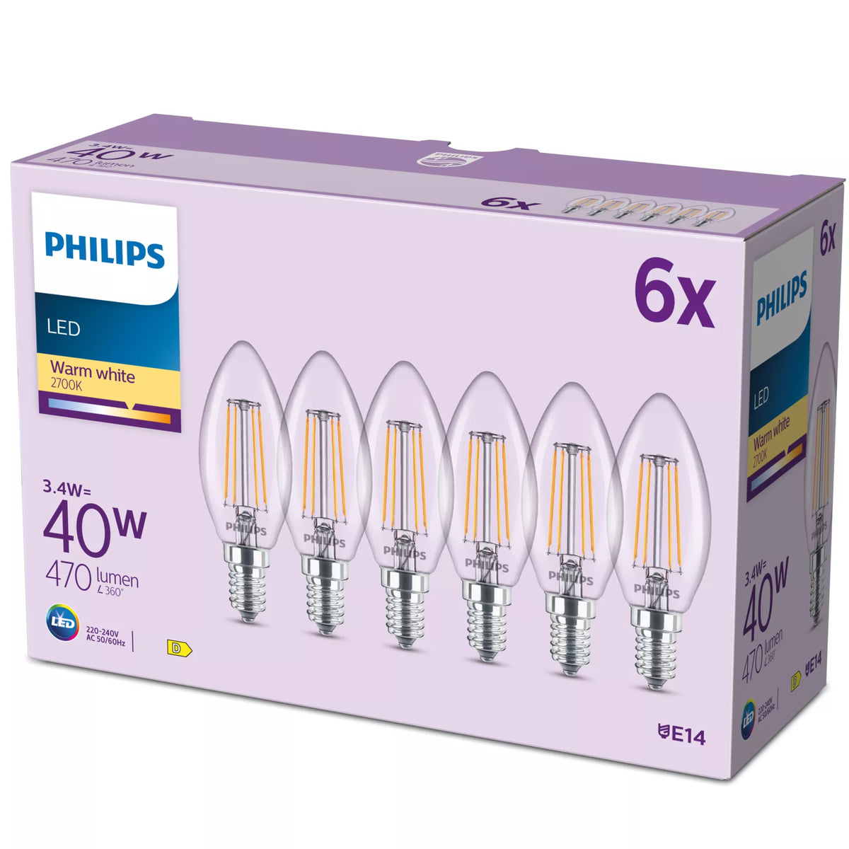 Philips by Signify Philips LED-Leuchtmittel E14 Kerze – Warmweiss 2700 K, 470 lm, 3,4 W, 300° – Transparent, Glas