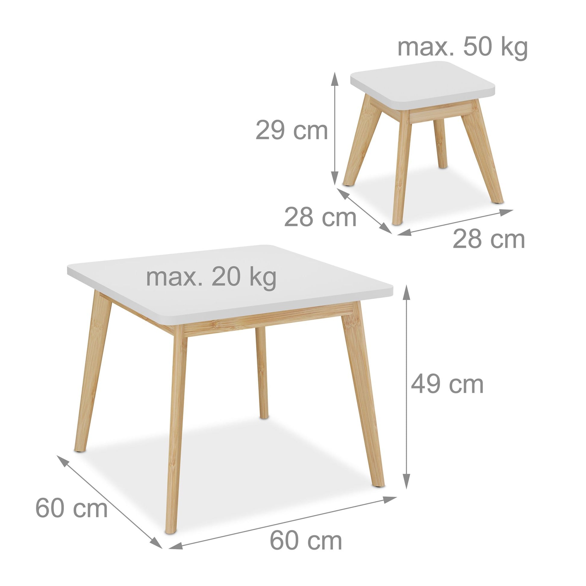 Relaxdays Sitzgarnitur-Set – B 60 × T 60 × H 49 cm – MDF, Bambus, Weiss, Natur – für Kinder