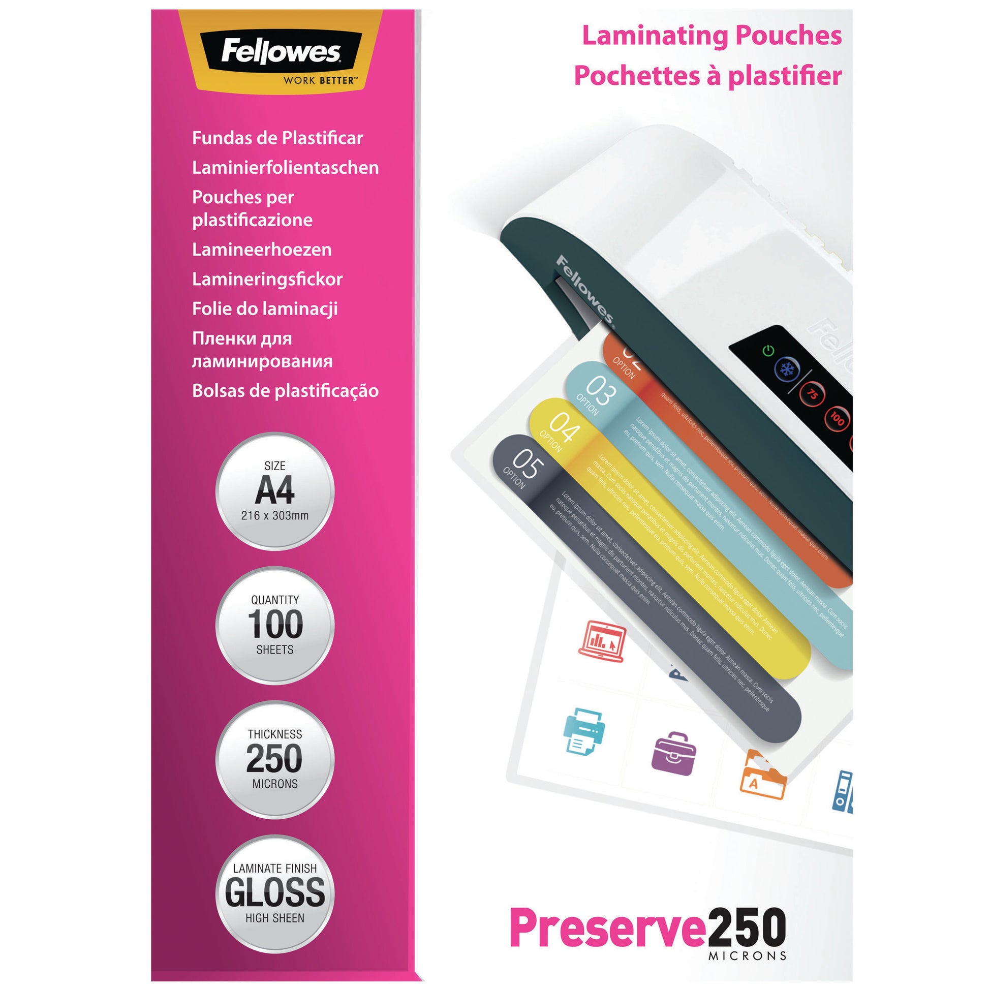 Fellowes Laminierfolien A4 – 250 µm, glänzend, 100 Stück