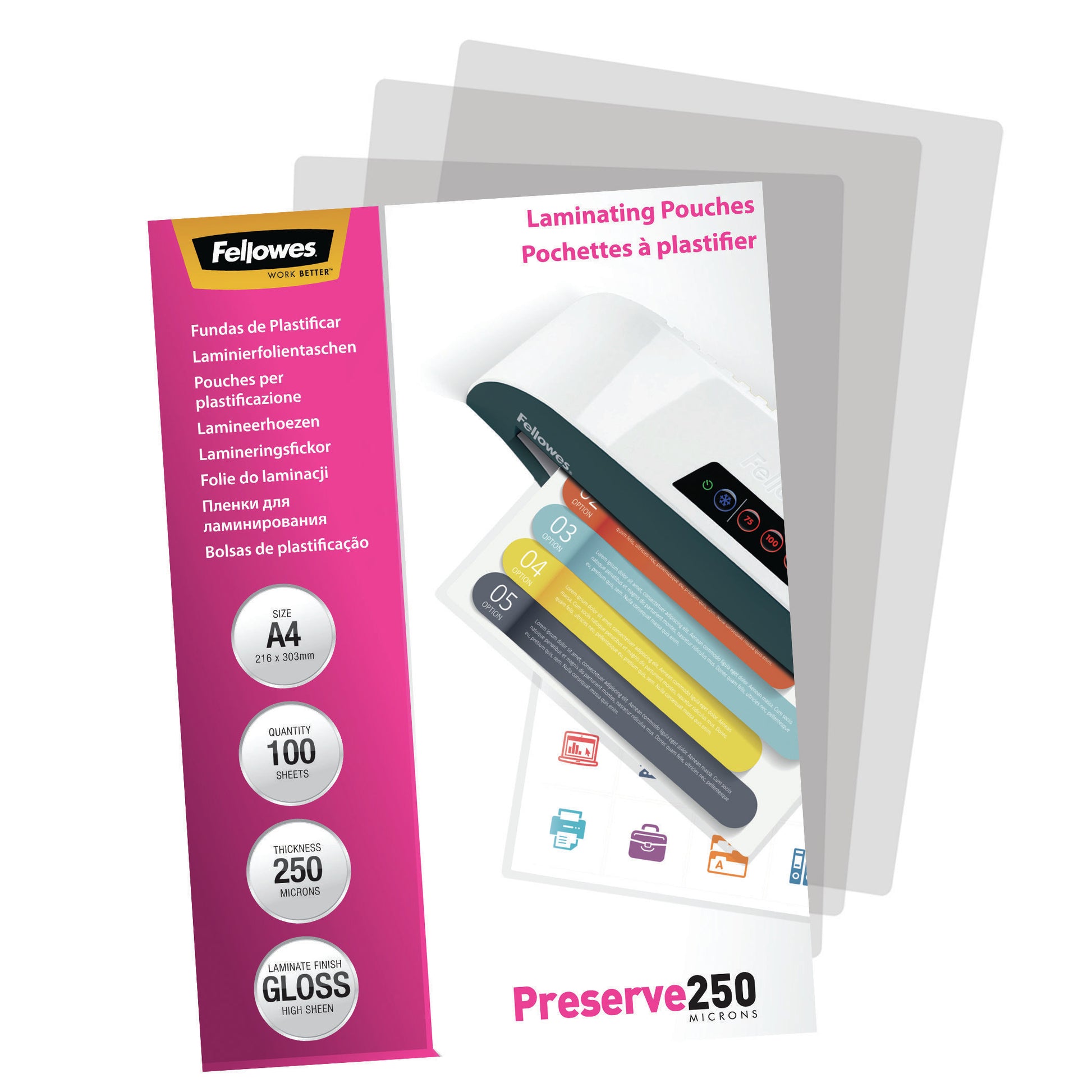Fellowes Laminierfolien A4 – 250 µm, glänzend, 100 Stück