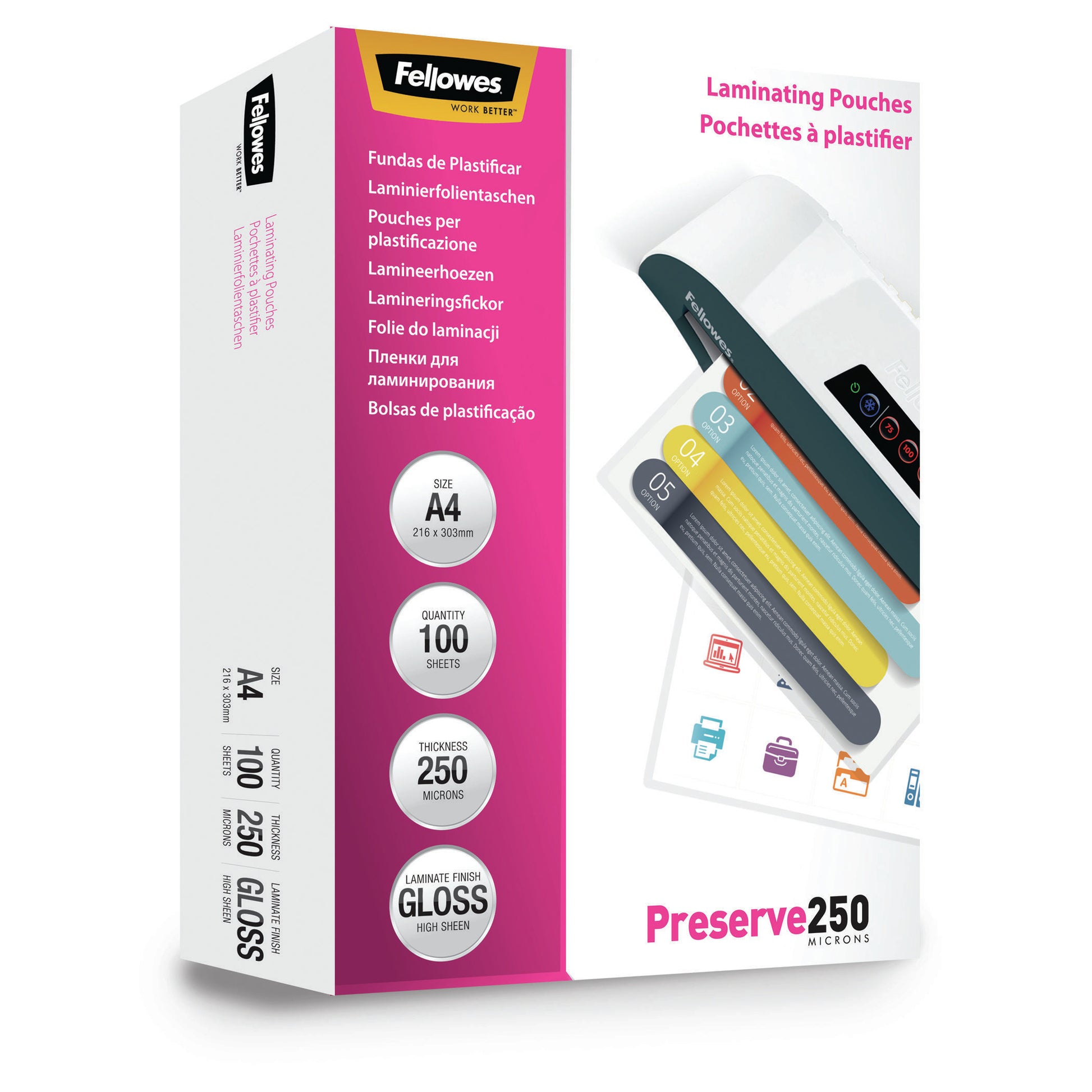 Fellowes Laminierfolien A4 – 250 µm, glänzend, 100 Stück