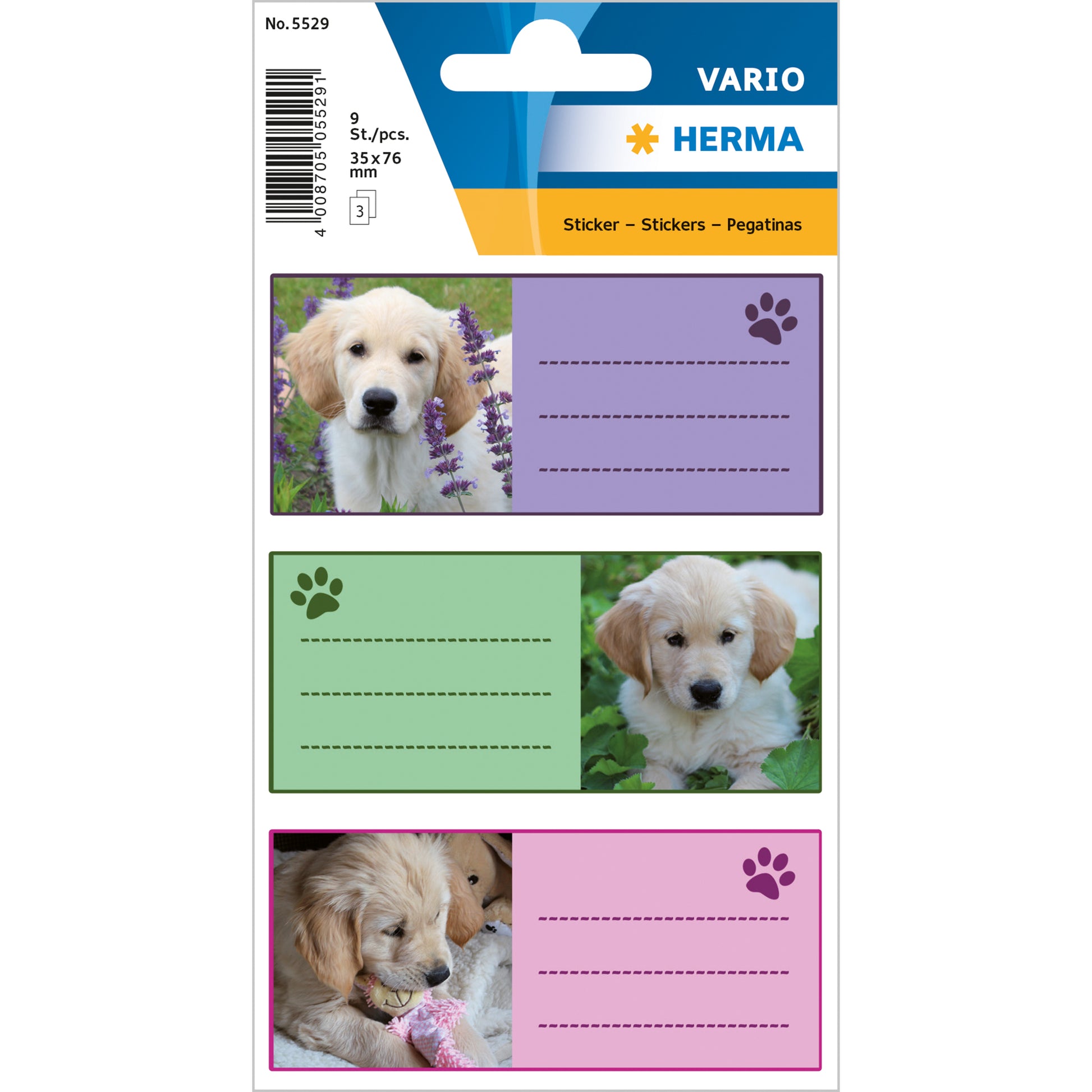 HERMA Vario Schuletiketten – Motiv Hunde – 35 × 76 mm, 9 Stk, 3 Bogen, Papier, permanent haftend